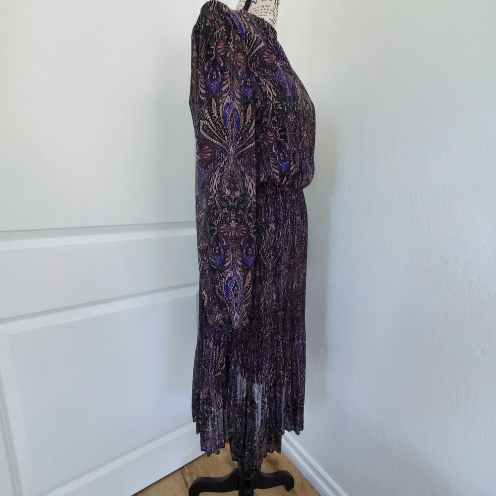 VERO MODA Midi Floral Pleated Long Sleeve Size Medium Sheer Flirty Lined Violet - Picture 2 of 16